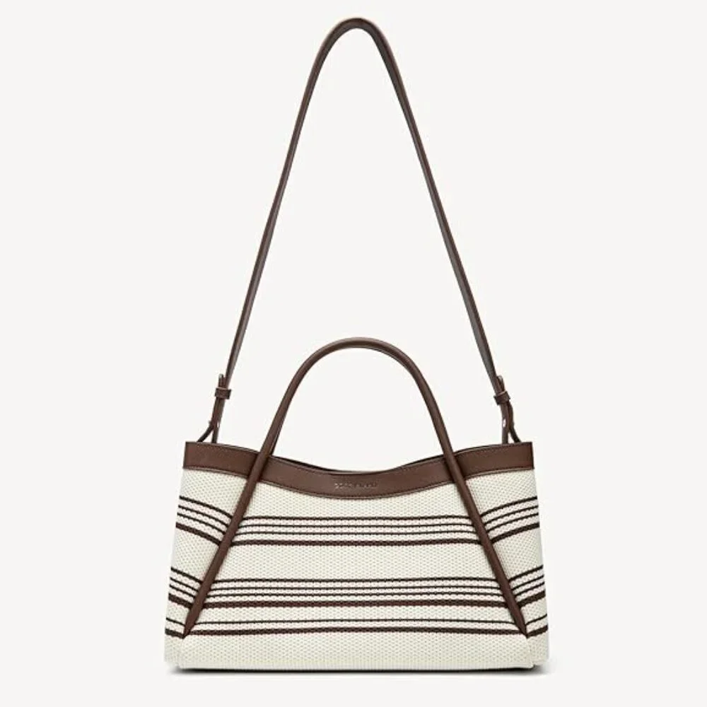 Women’s Knit Shoulder Bag Adjustable Strap & Top Handle Striped Tote Handbag NWT - Picture 7 of 8